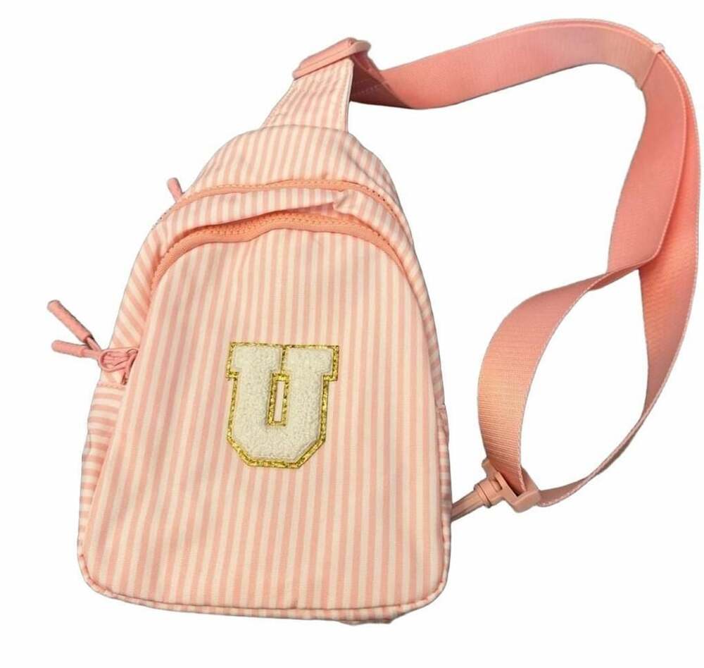Pink White Striped Mini Crossbody Slingbag Varsity “U” Patch